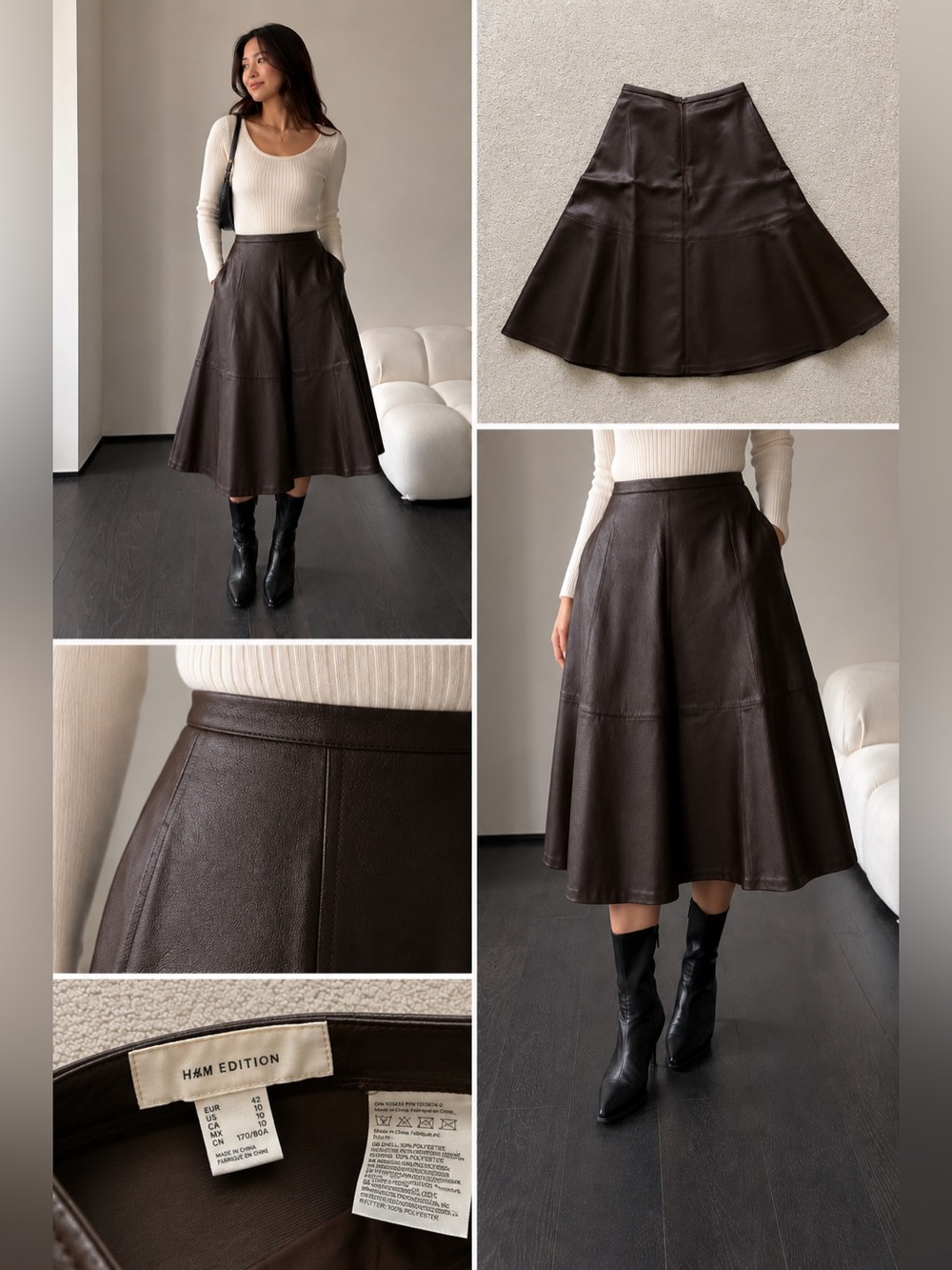 H&M edition Dark Brown Faux Leather Flared Midi Skirt